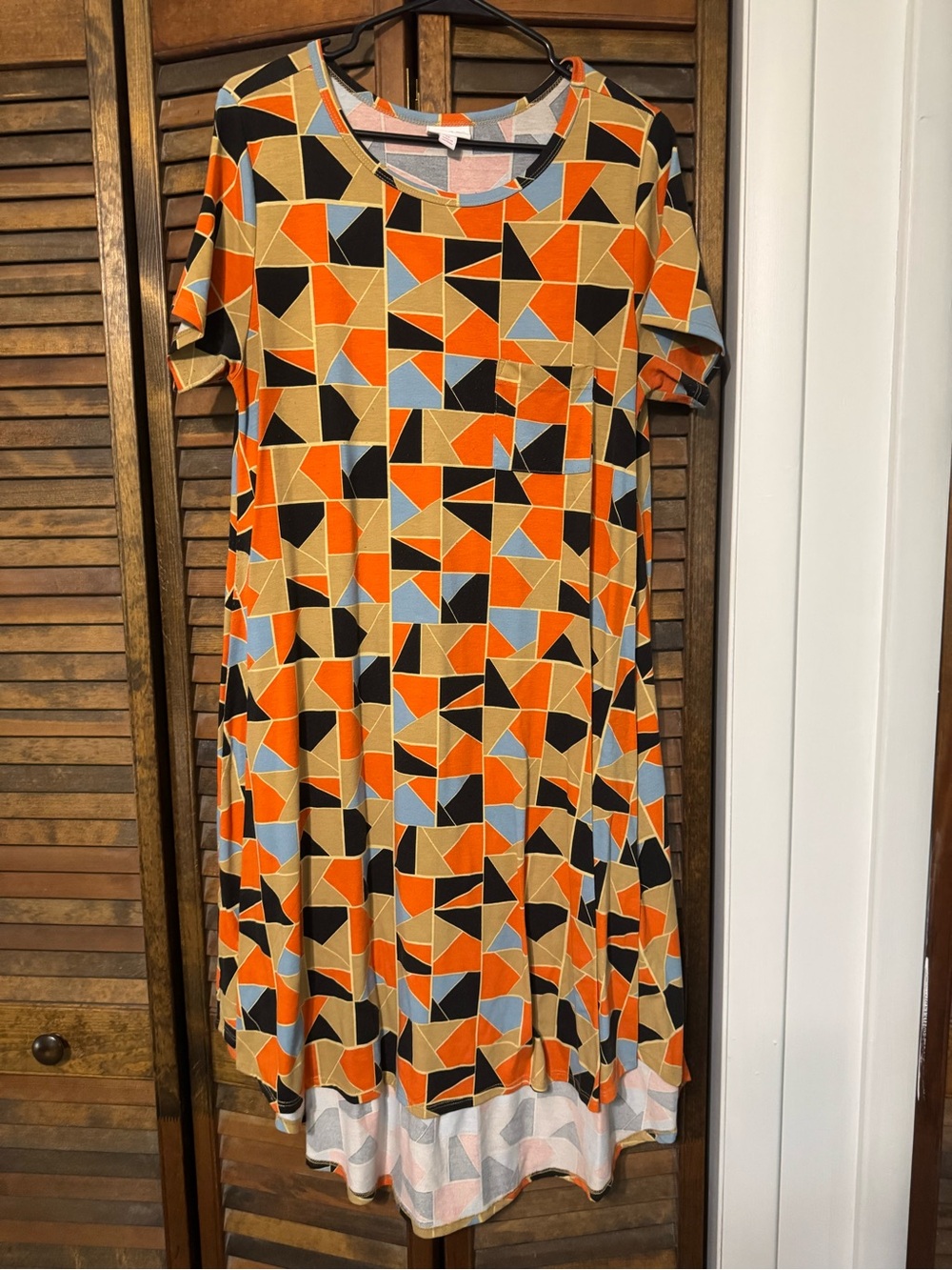 LuLaRoe Geometric Shift Dress in Orange, Black, Tan & Light Blue